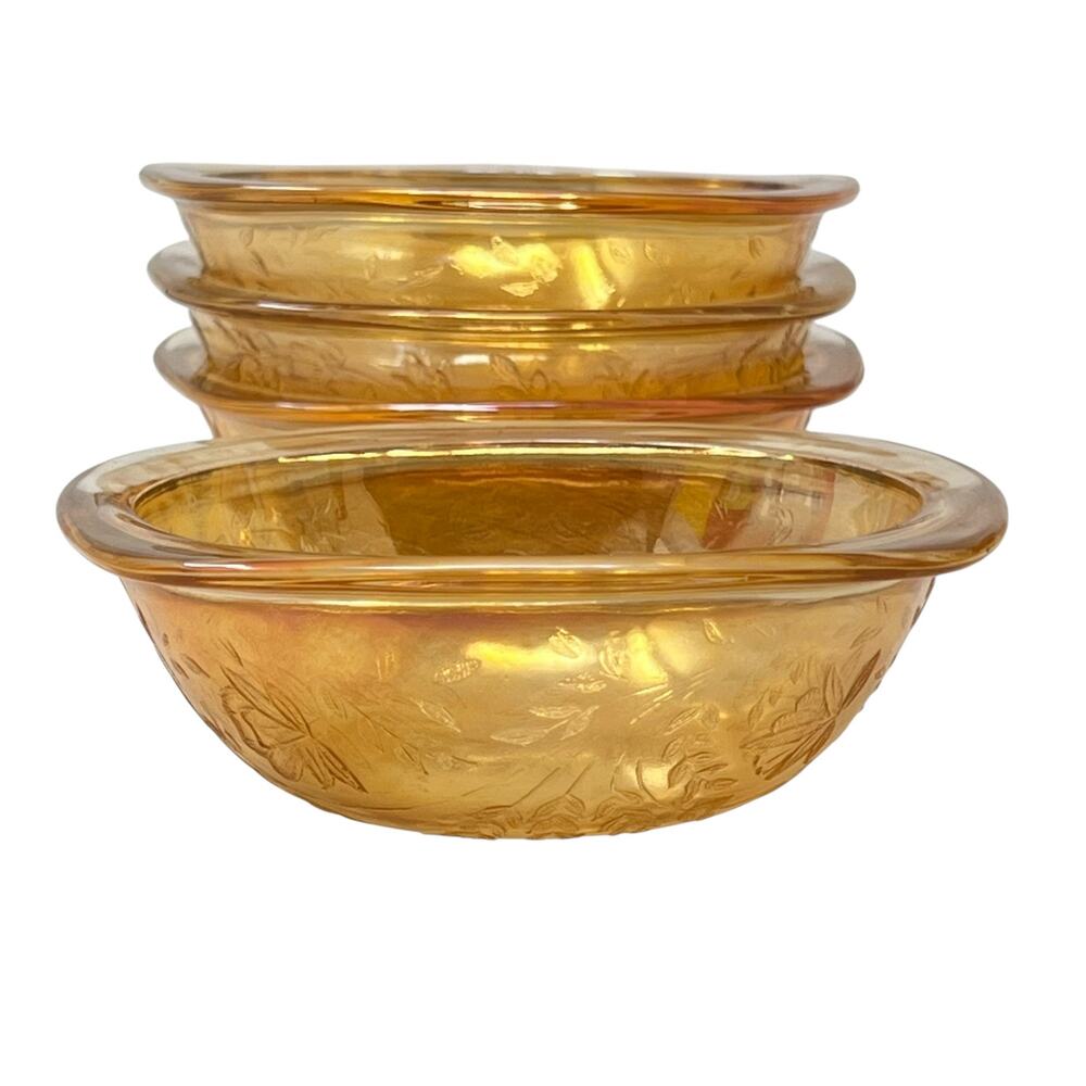 Jeannette Floragold Louisa Iridescent Carnival Glass Dessert Bowls Set of 4